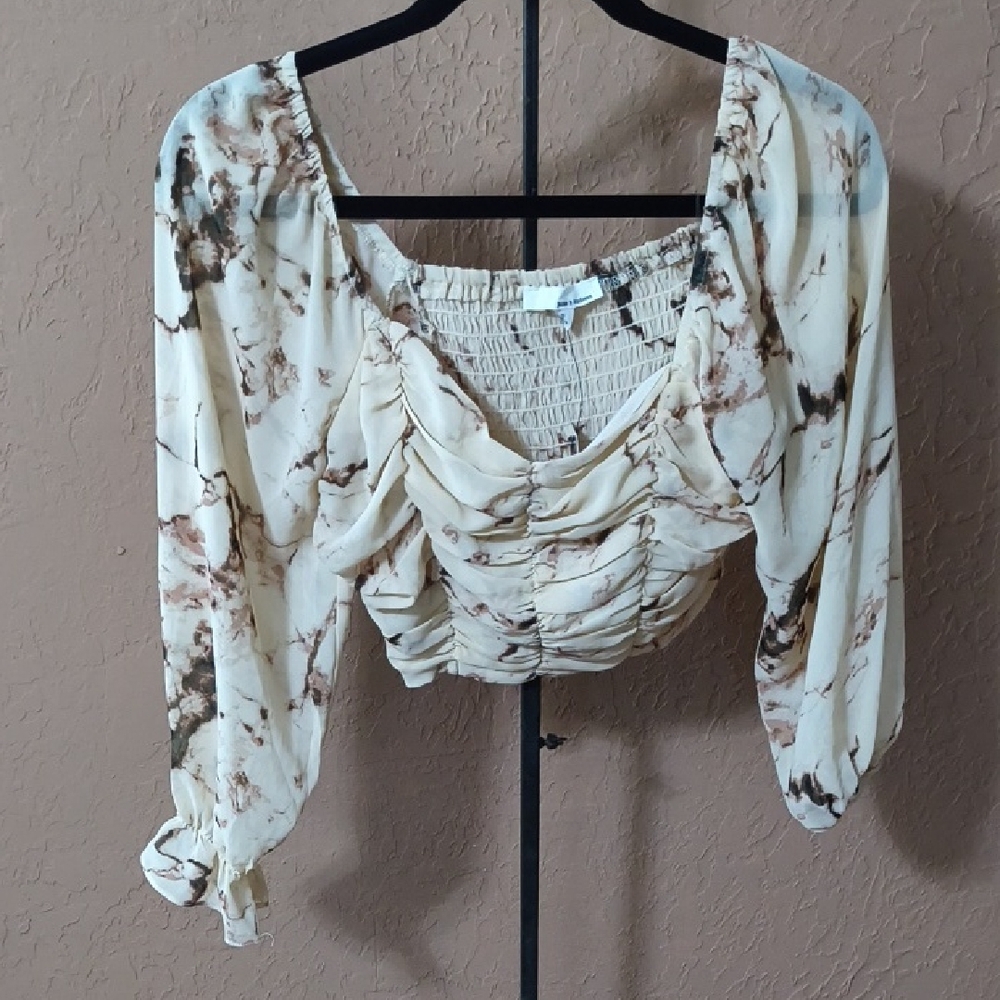 NWT June & Hudson Ivory And Brown Ruched Bodice Long Sleeve Blouse Size S